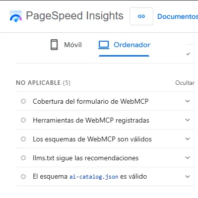PageSpeed Insights de danielhuertas.es: la auditoría del llms.txt aparece como No aplicable